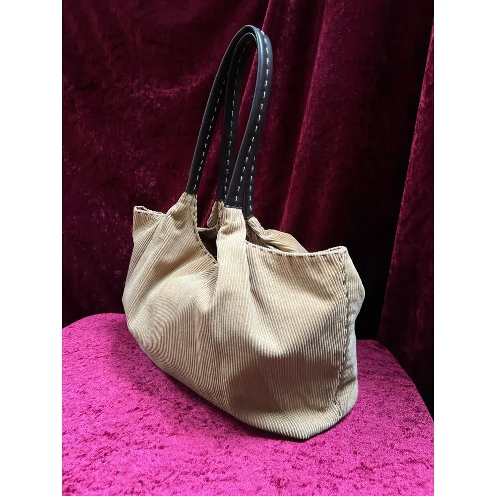 Vintage Moda International Corduroy Shoulder Bag - Tan Cotton Brown PVC Tote